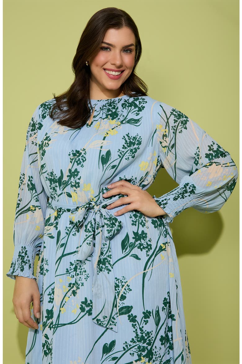 Tie Waist Long Sleeve Dress, Alternate, color, LIGHT BLUE/ GREEN