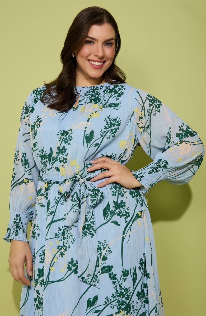 London Times Tie Waist Long Sleeve Dress, Alternate, color, Light Blue/ Green