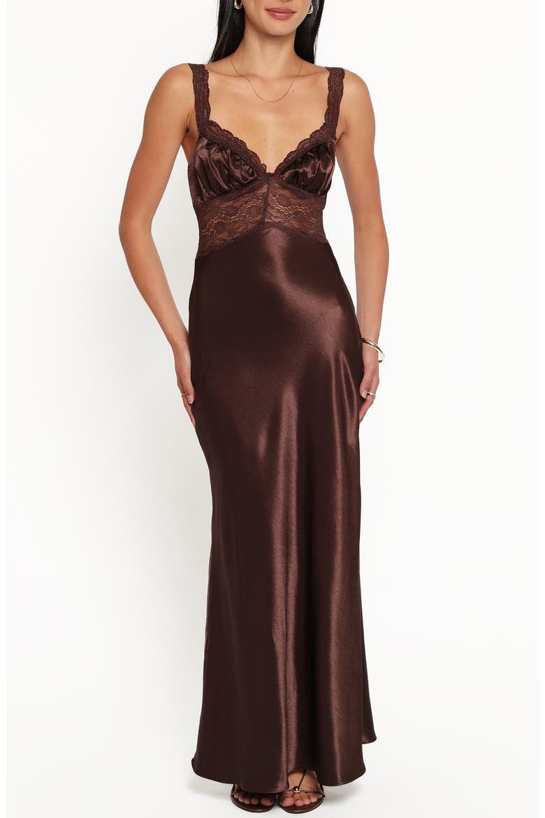 Nitara Lace Trim Satin Maxi Dress, Main, color, BROWN