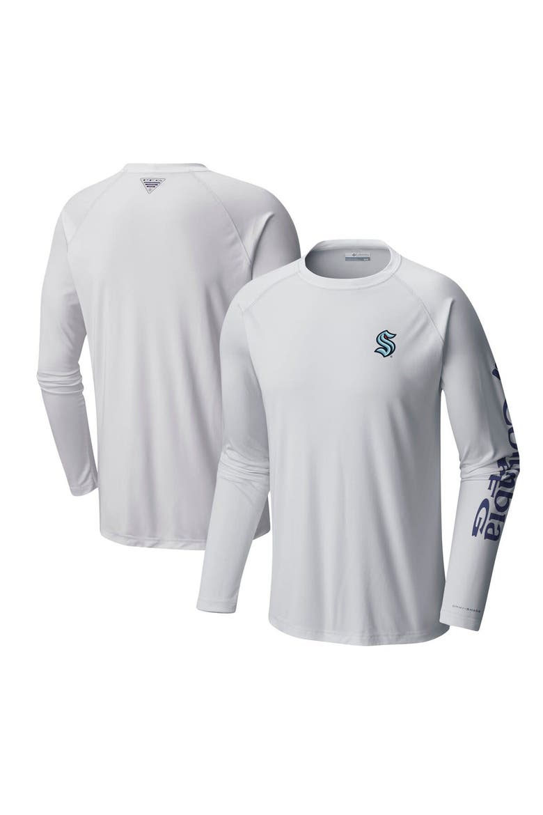 Men's  Columbia White Seattle Kraken Terminal Tackle Omni-Shade Raglan Long Sleeve T-Shirt, Main, color, White