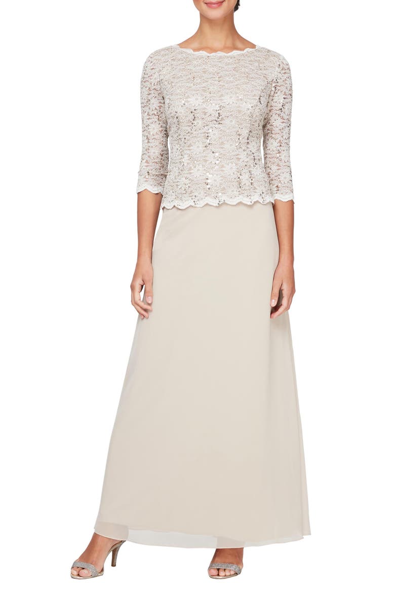 Sequin Lace & Chiffon Gown, Main, color, TAUPE