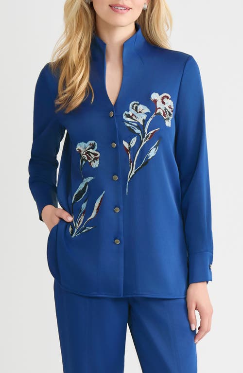 Misook Embroidered Crêpe De Chine Shirt In Blue
