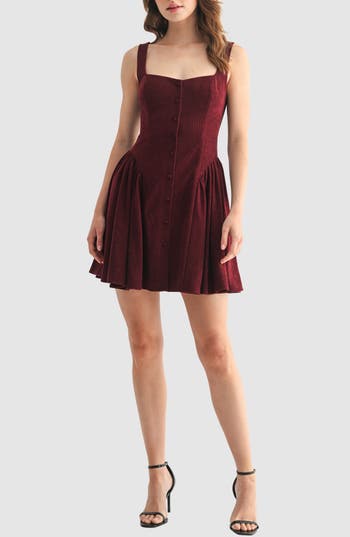Lush Corduroy Button Flare Minidress In Brown