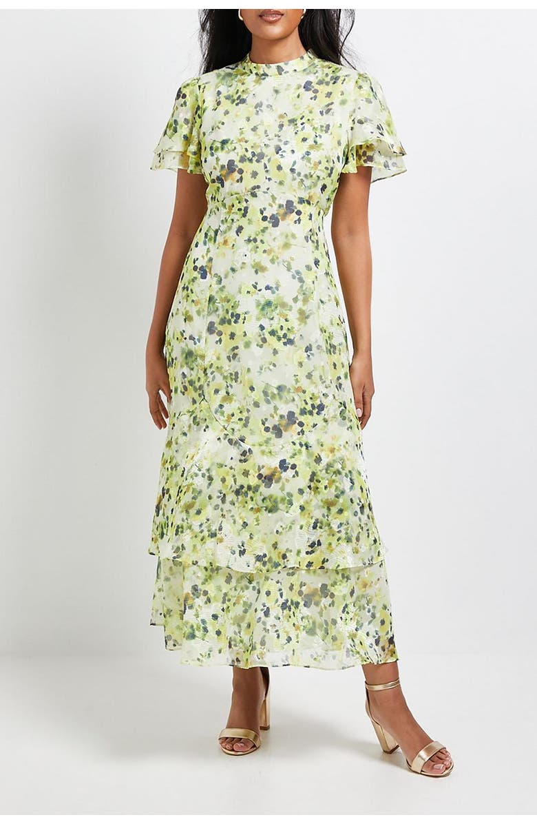 Wallis Petite Floral Burn Out Ruffle Midi Dress, Alternate, color, Yellow