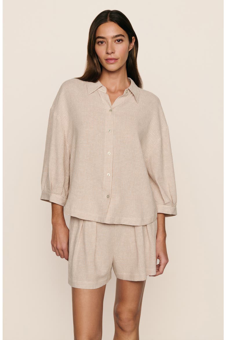 Relaxed Linen Blend Button-Up Sleep Shirt, Alternate, color, GINGHAM WHITE/ WARM TAUPE