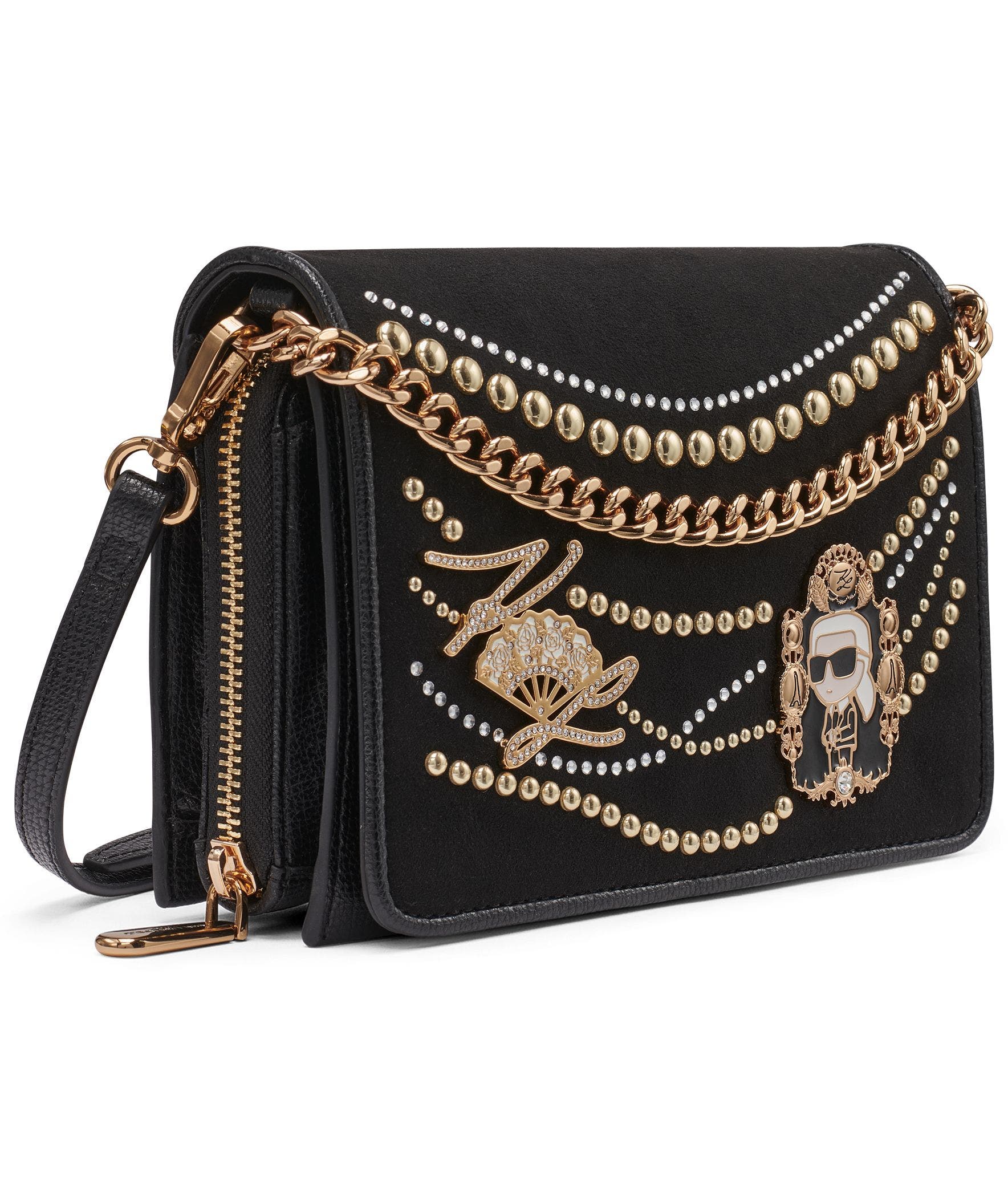 KARL LAGERFELD PARIS Lourdes Crossbody, Alternate, color, Black/Gold