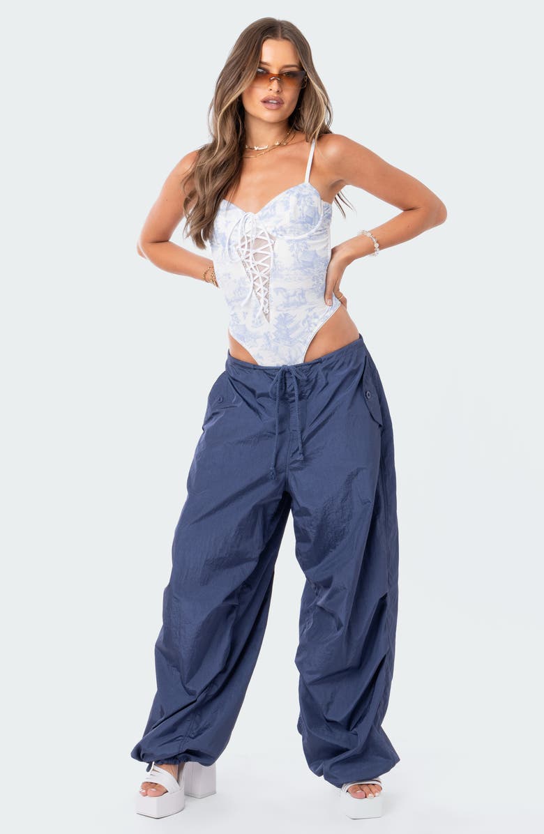 EDIKTED Delft Print Cupped Lace-Up Bodysuit, Alternate, color,