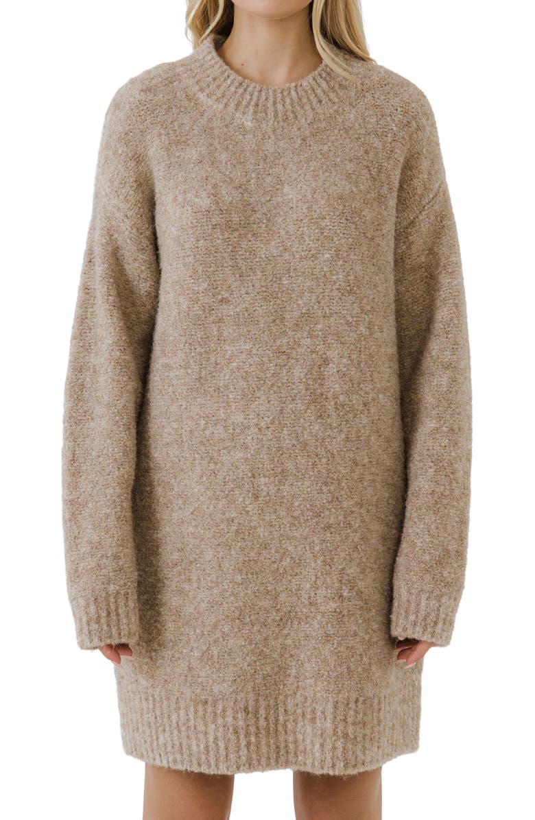 English Factory Cozy Crewneck Long Sleeve Sweater Dress, Alternate, color, Taupe