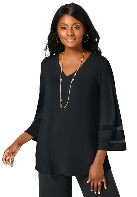Stretch Knit Mesh Inset Sleeve Tunic (Plus)