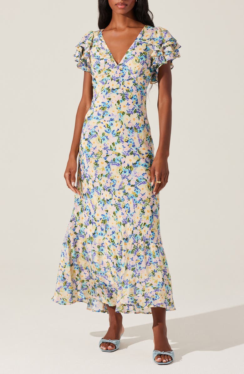 ASTR the Label Celestine Floral Flutter Sleeve Maxi Dress, Main, color, Blue Yellow Ditsy