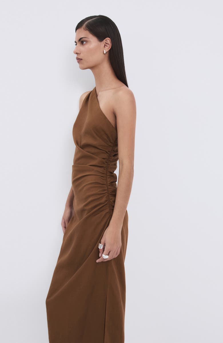 MANGO Ruched One-Shoulder Maxi Dress, Alternate, color, Tobacco Brown