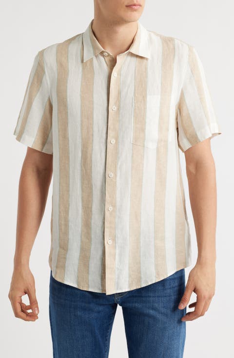 Stripe Short Sleeve Linen Button-Up Shirt