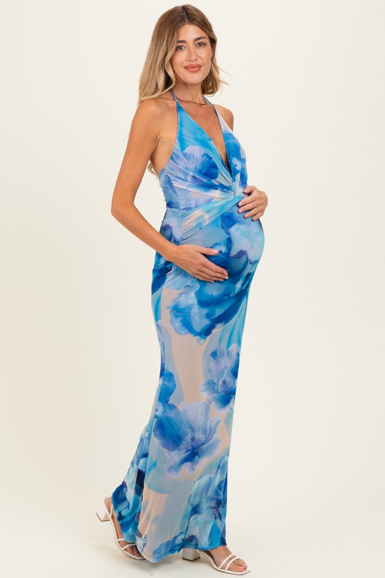 Floral Halter Mesh Maxi Dress, Alternate, color, Blue