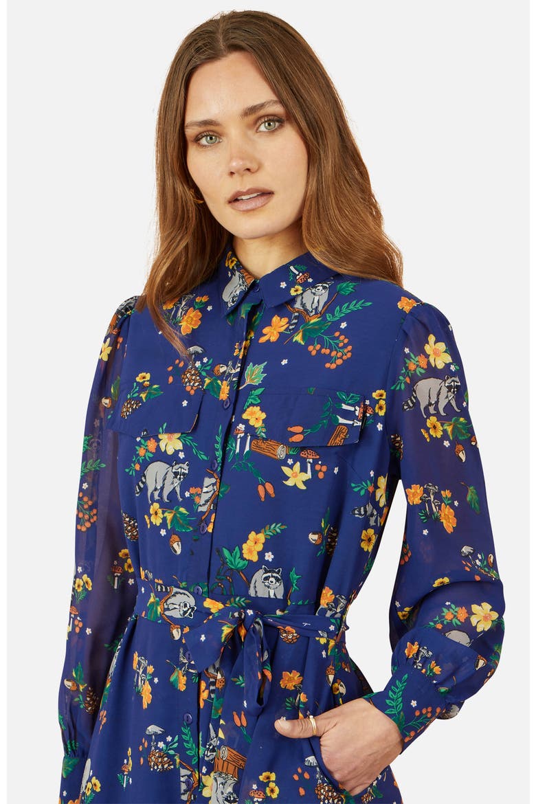 Raccoon Print Shirt Midi Dress, Alternate, color, Navy