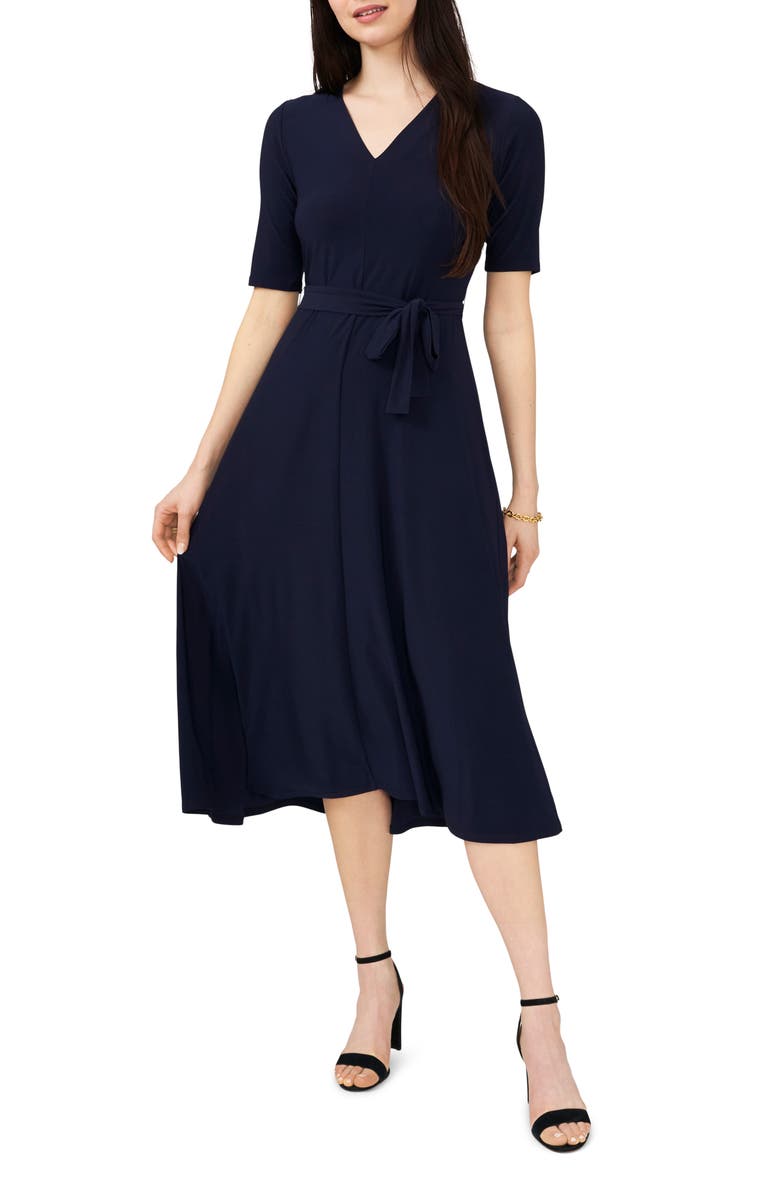 Chaus V-Neck Belted Midi Dress, Main, color, Navy