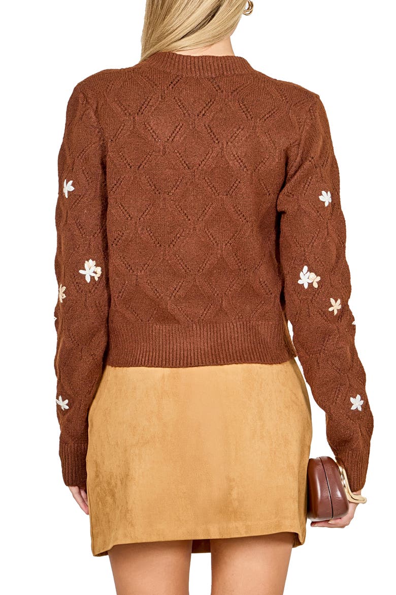 Floral Embroidered Pointelle Cardigan, Alternate, color, BROWN