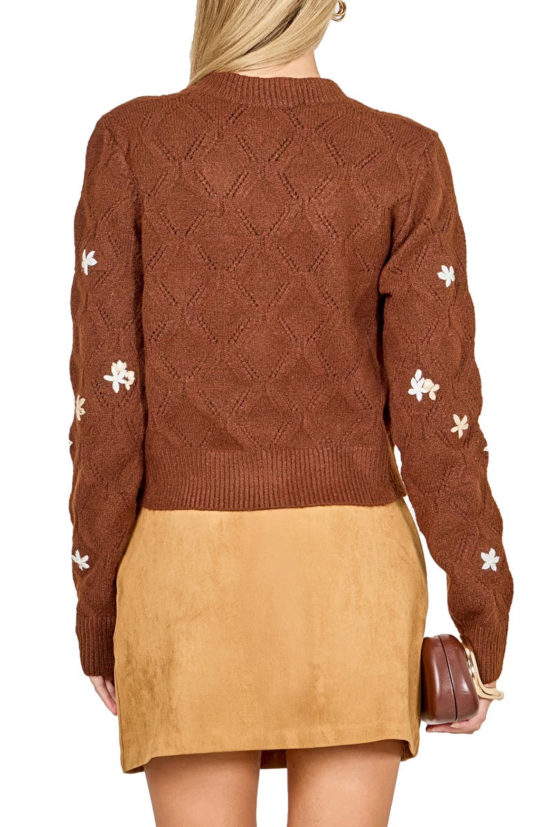 Endless Rose Floral Embroidered Pointelle Cardigan, Alternate, color, Brown
