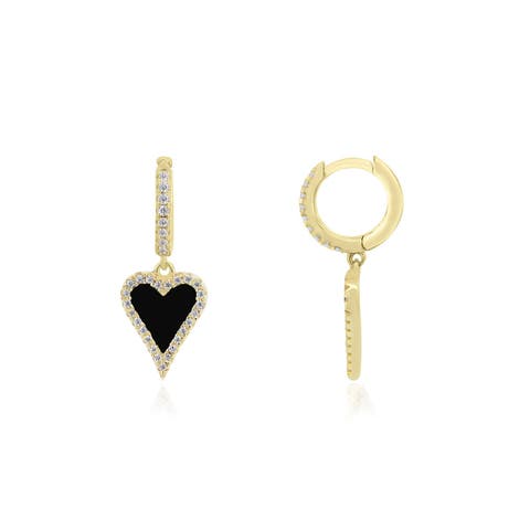 Mini Onyx CZ Halo Heart Dangle Earrings
