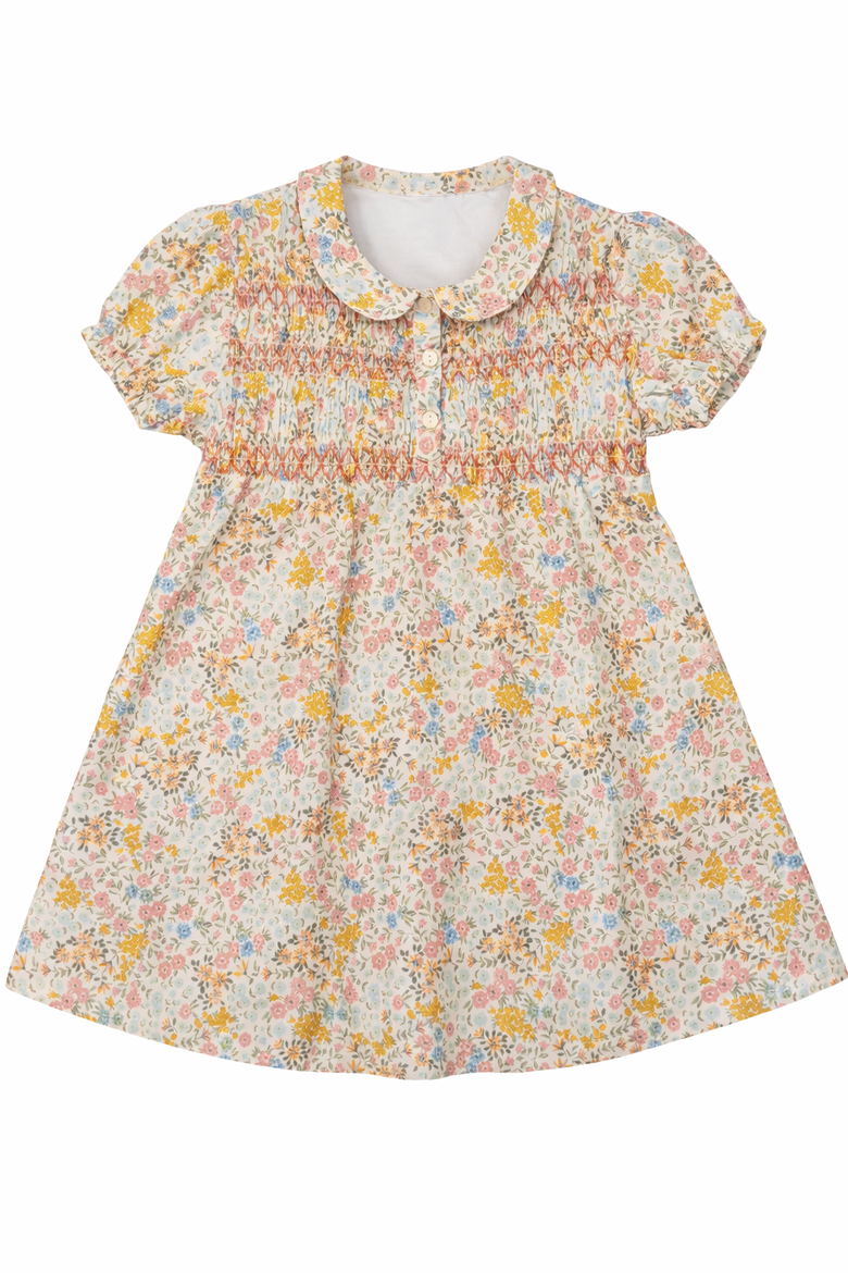 Multi Flower Print Girls Dress with Front Smocking, Main, color, Pink