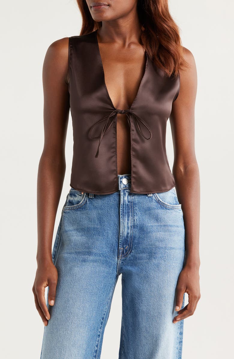NASTY GAL Tie Front Satin Vest, Main, color, Chocolate