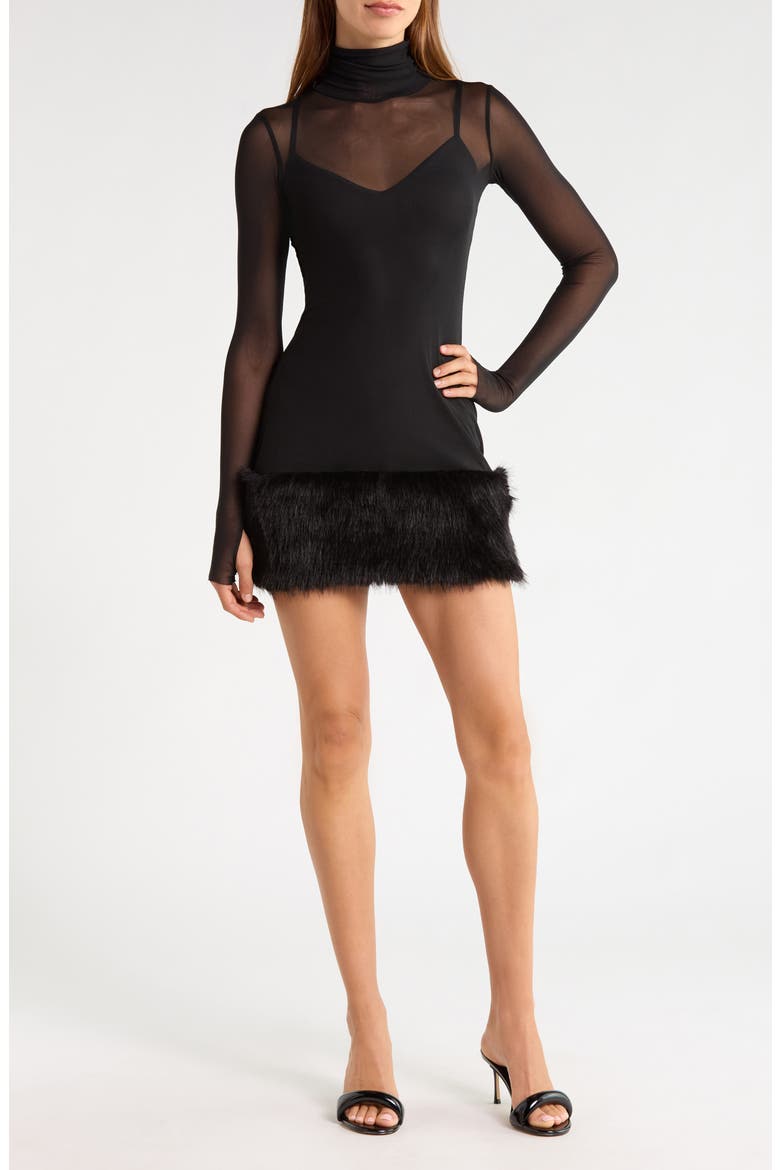 Saige Faux Fur Trim Minidress, Main, color, NOIR