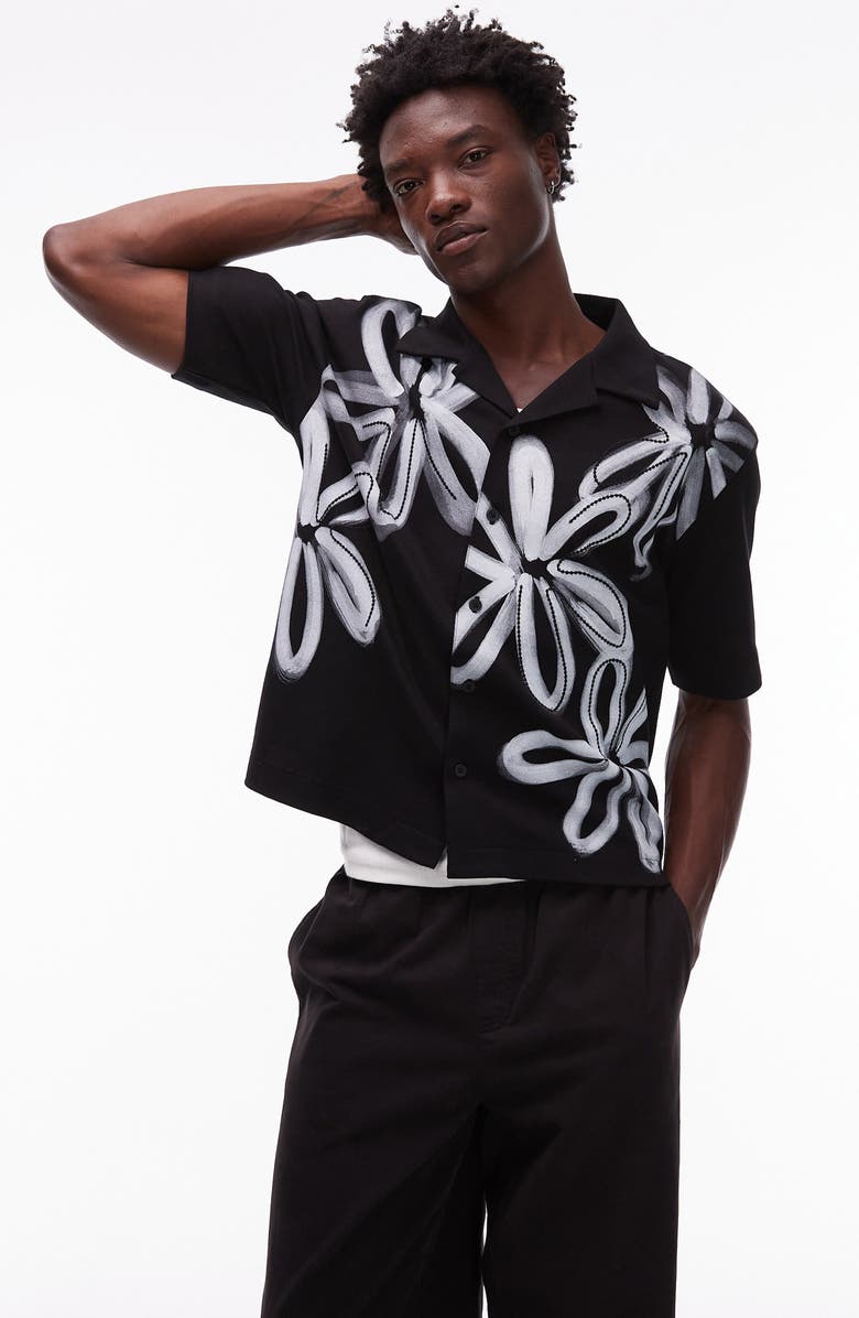 Topman Embroidered Boxy Cotton Button-Up Shirt, Main, color, Black