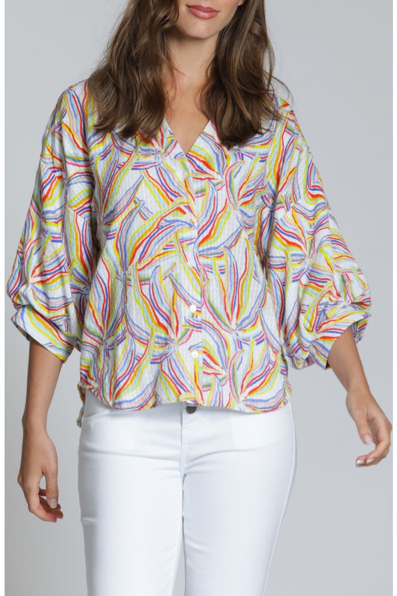 Blouson Sleeve Cotton Blend Button-Up Shirt, Main, color, BLUE MULTI