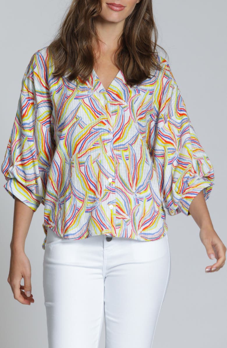 APNY Blouson Sleeve Cotton Blend Button-Up Shirt, Main, color, Blue Multi