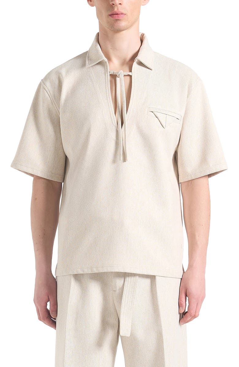 Manière De Voir Norbert Open Collar Textured Drawstring Shirt, Alternate, color, Cream