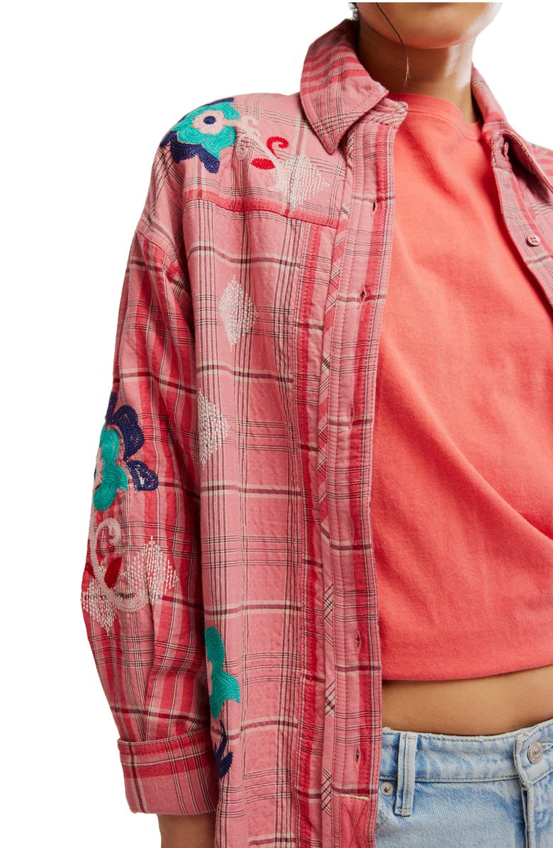 Free People Sashiko Embroidered Button-Up Shirt, Alternate, color, Pink Combo