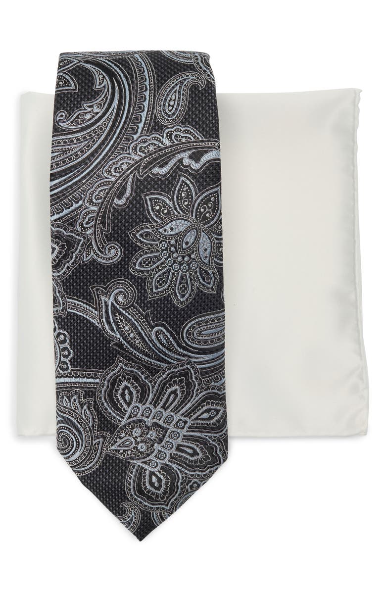 Michael Kors Paisley Tie & Pocket Square Box Set, Main, color, Black