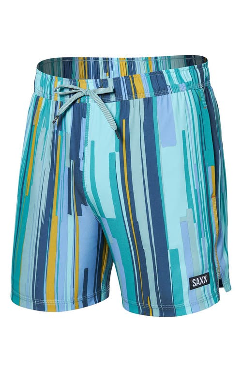 Saxx Oh Buoy 2-in-1 Volley Swim Shorts In Soft Stripe- Aqua Splash