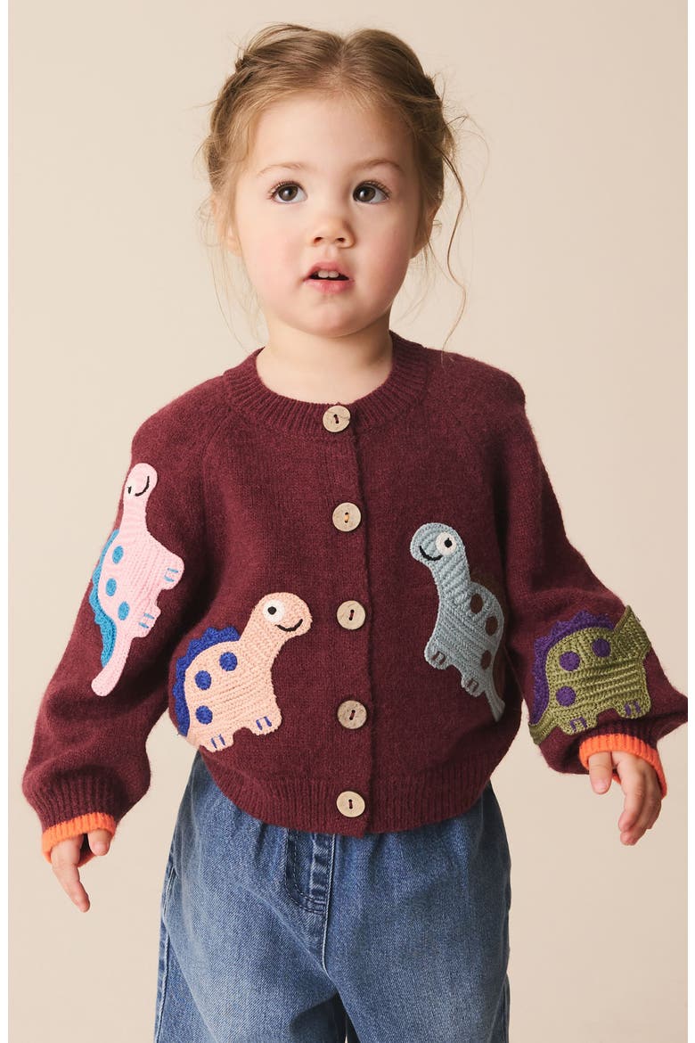 Kids' Dinosaur Embroidered Cardigan, Alternate, color, RED