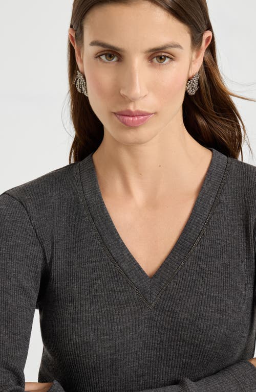 Brunello Cucinelli Fitted Long Sleeve Ribbed V Neck Top In Gray
