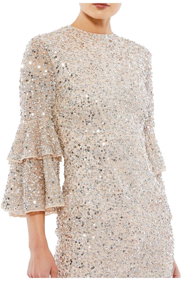 Mac Duggal Fully Sequined Ruffle Tiered 3/4 Sleeve Midi Dress, Alternate, color, Nude