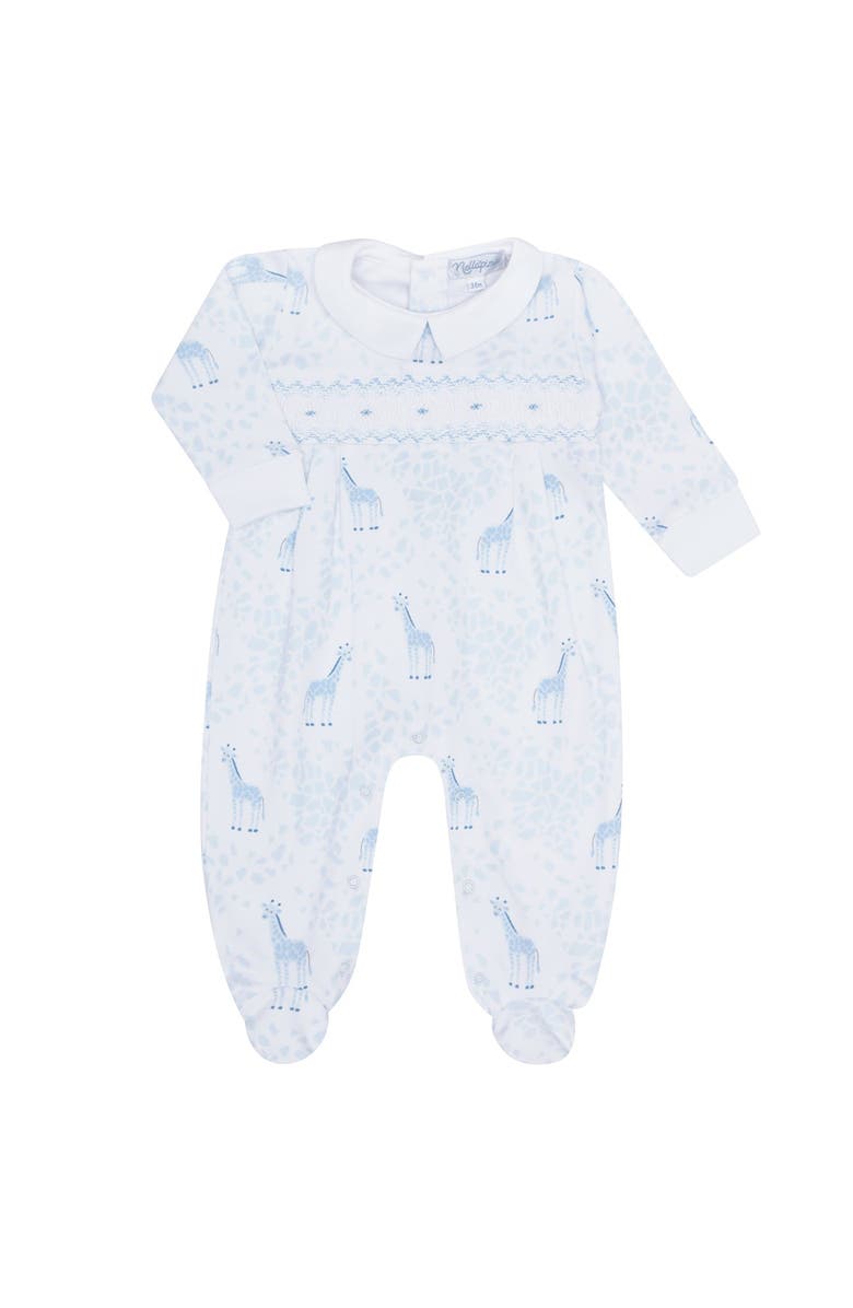 Nellapima Blue Giraffe Print Smocked Footie - Baby, Alternate, color, Blue