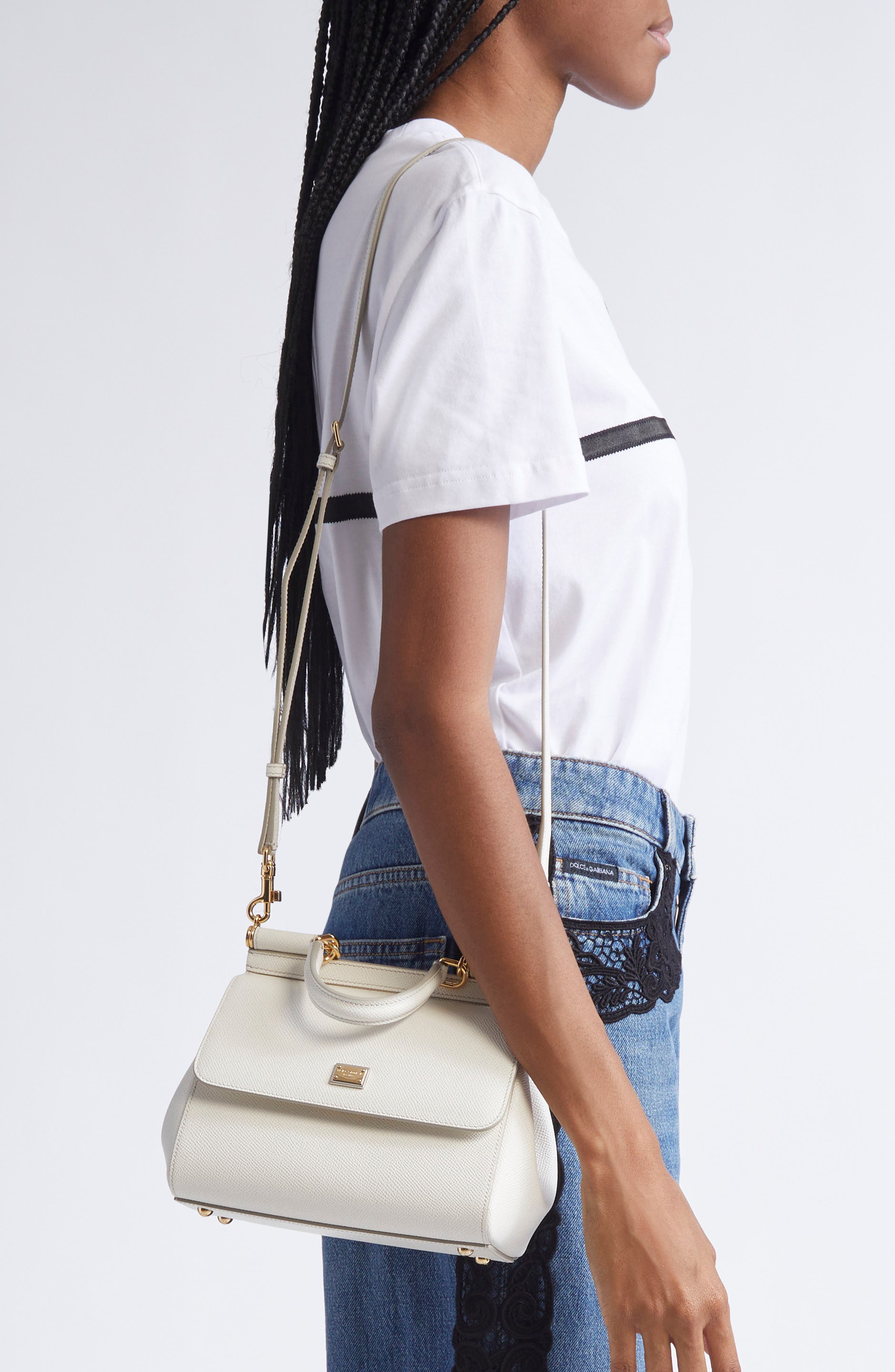 Dolce&Gabbana Medium Sicily Leather Top Handle Bag, Alternate, color, 80001 White