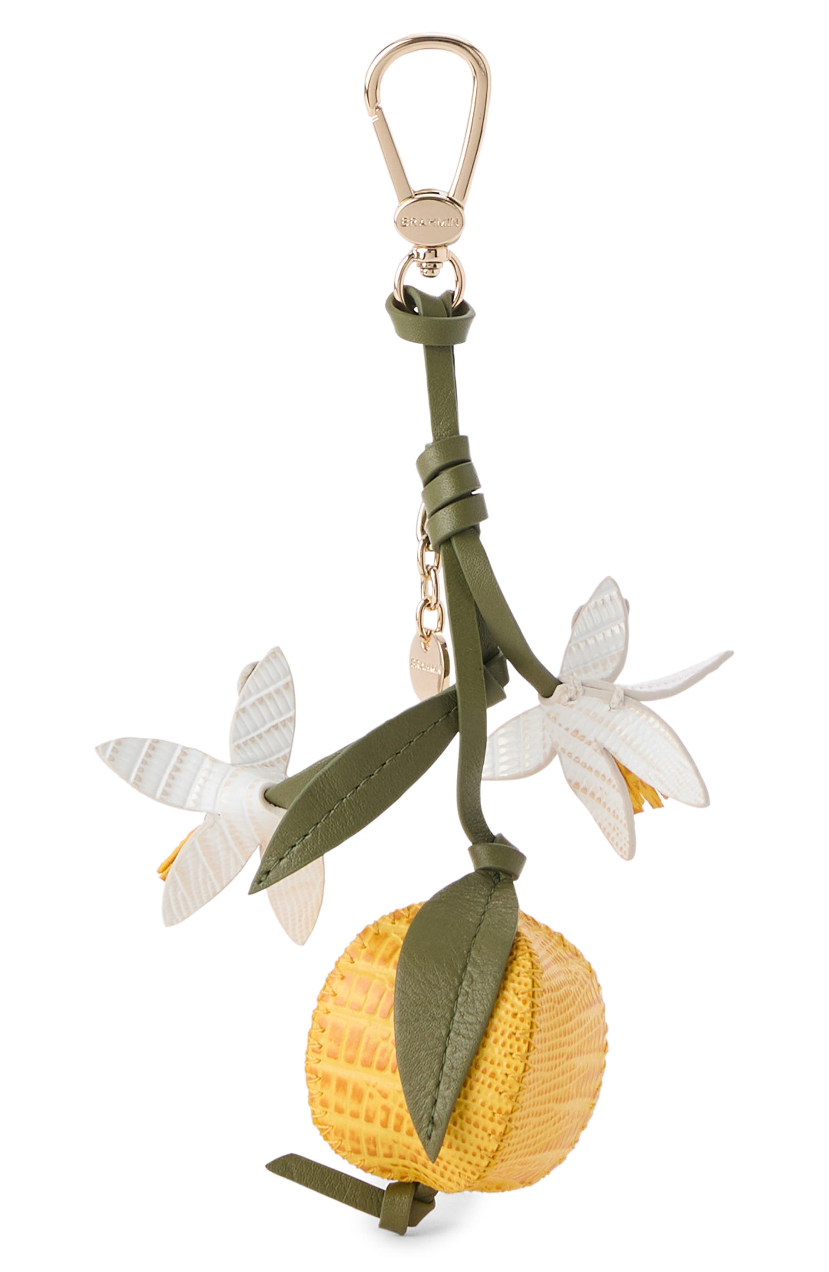 Brahmin Lemon Leather Bag Charm, Alternate, color, Lemon