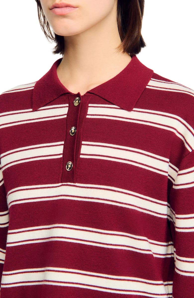 SANDRO Wool Striped Polo Sweater, Alternate, color, Bordeaux