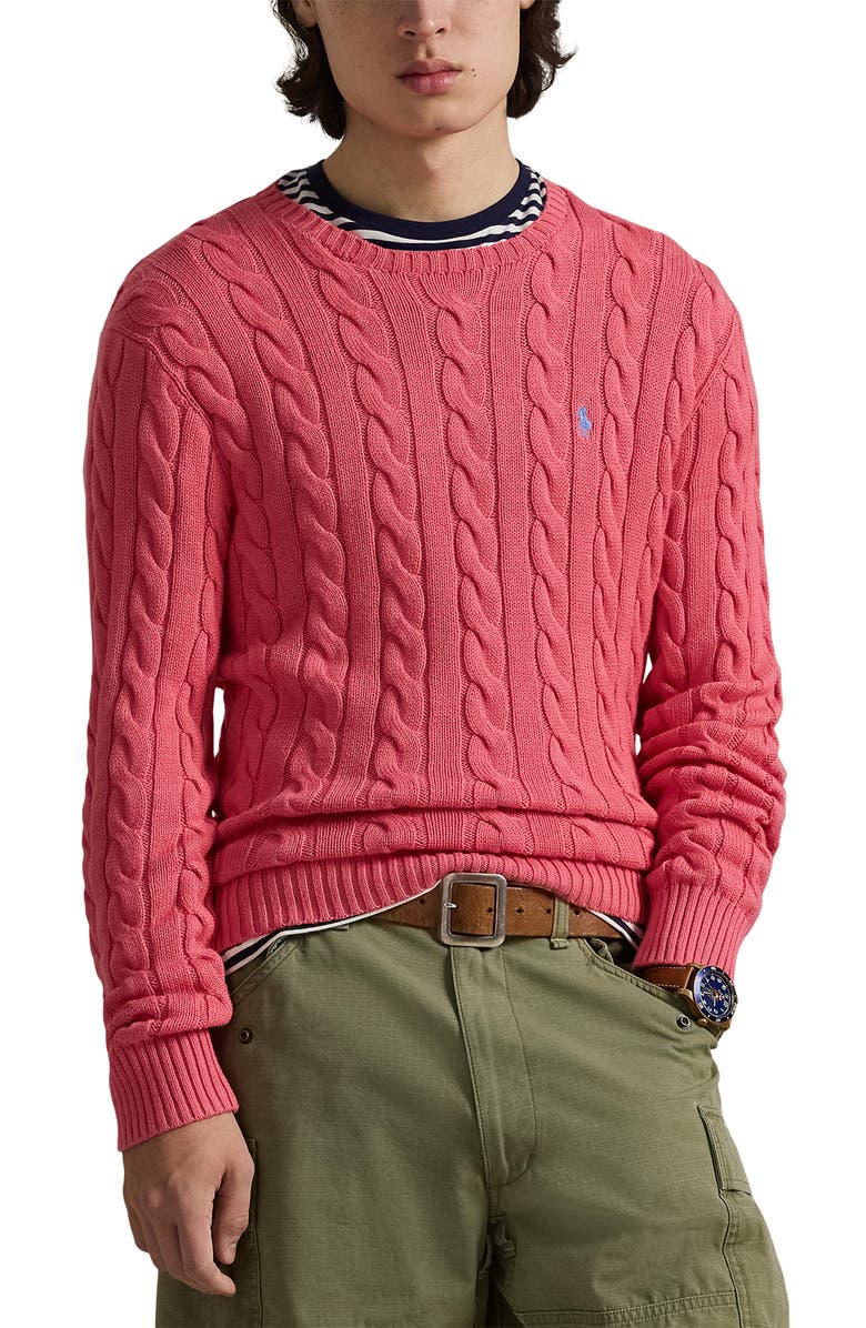 Polo Ralph Lauren Cable Stitch Cotton Crewneck Sweater, Main, color, Pale Red