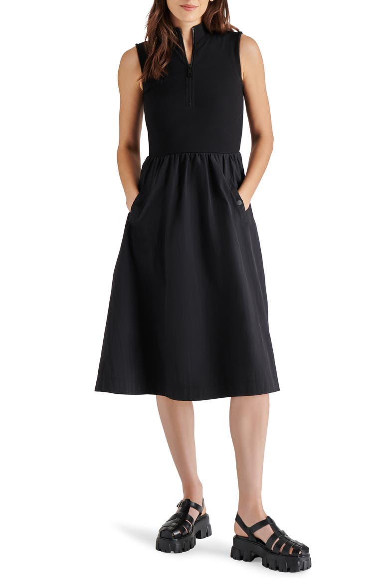 Berlin Sleeveless Half-Zip A-Line Dress, Main, color, BLACK