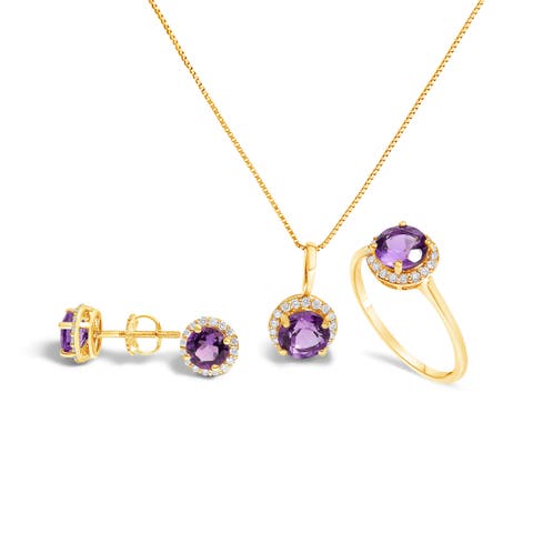 10K Gold Gemstone and 3/8 Cttw Diamond Halo Jewelry Set (Earrings, Pendant & Ring)