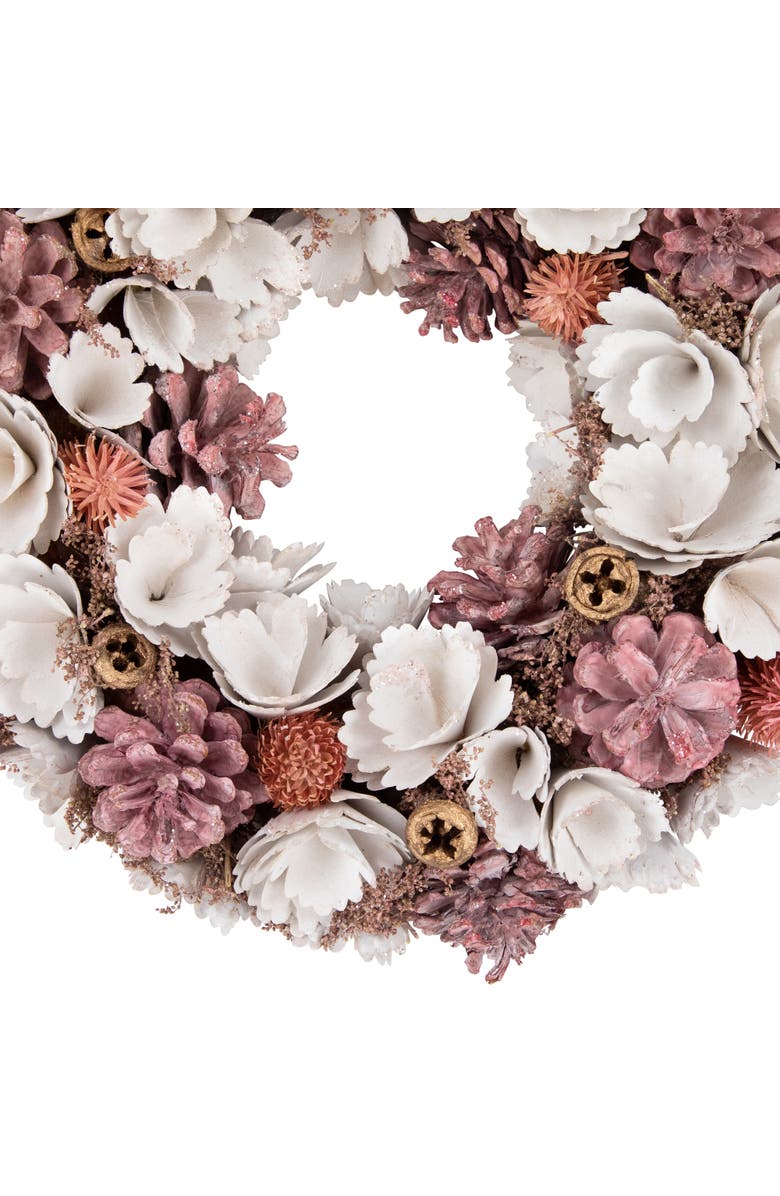 Northlight 13" White and Pink Wooden Floral Christmas Wreath with Pinecones, Alternate, color, White