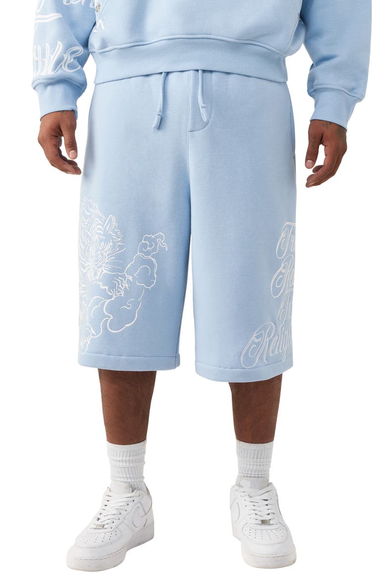 Tiger Script Drawstring Fleece Shorts, Main, color, BLUE BELL