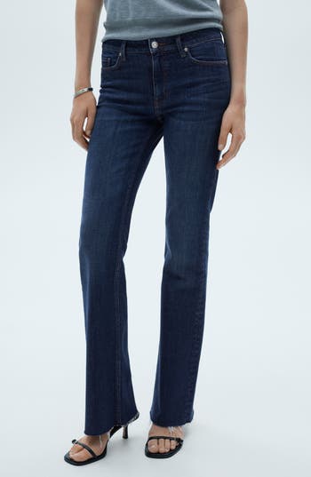 Mango Frayed Mid Rise Flare Jeans In Blue