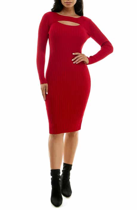 Nina Leonard Ribbed Cutout Long Sleeve Sweater Dress