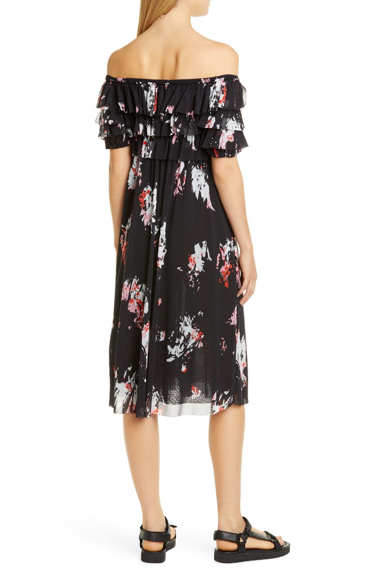 Ruffle Floral Print Off the Shoulder Tulle Dress, Alternate, color, NERO