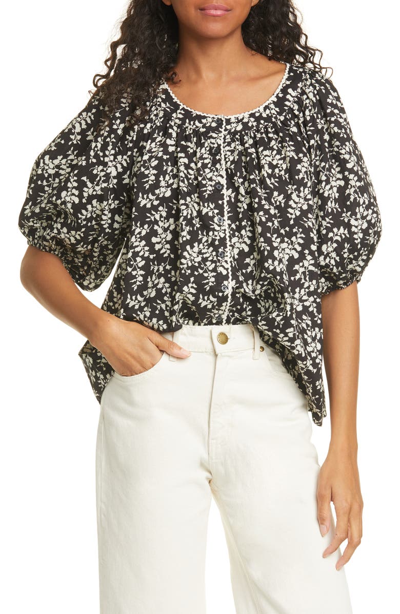 THE GREAT. The Elm Floral Puff Sleeve Top, Main, color, 