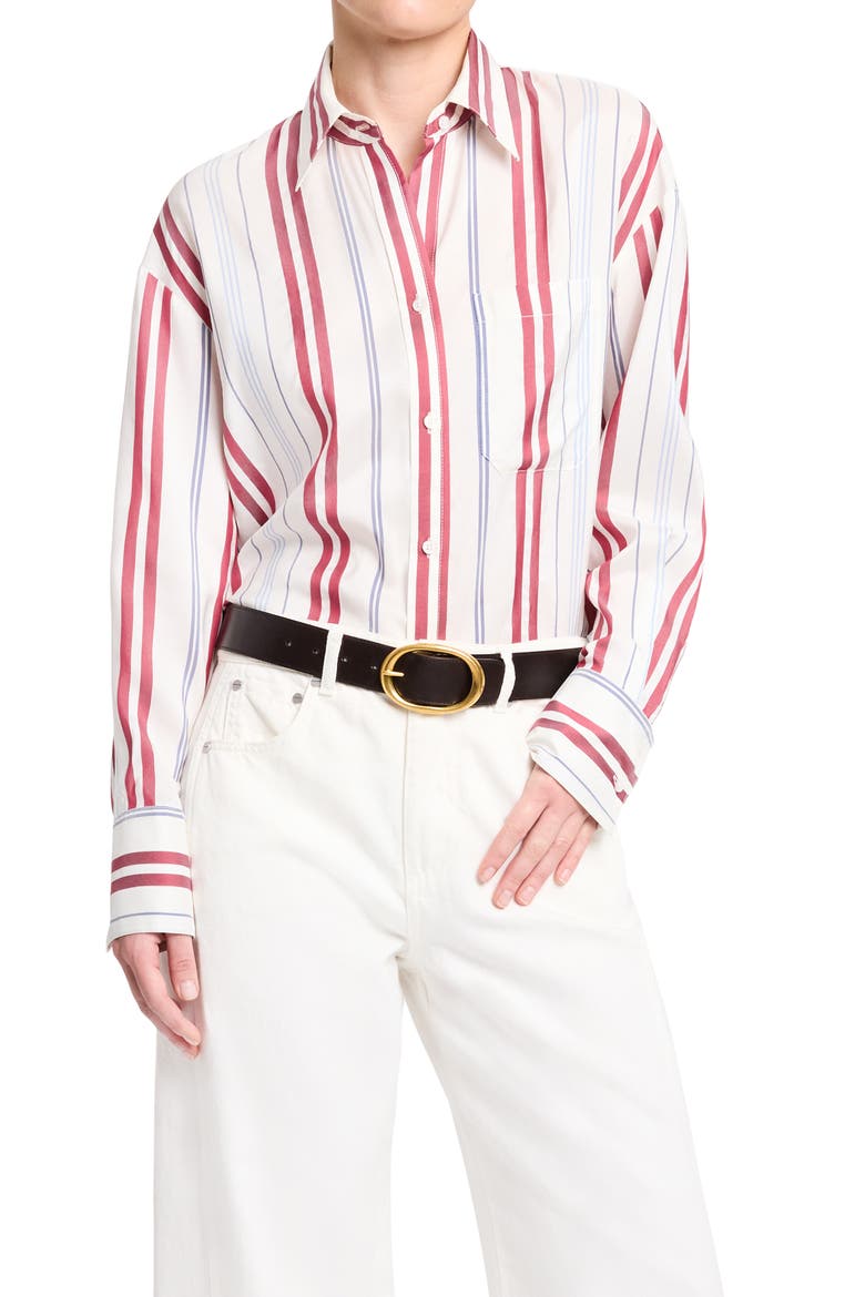 Big Joe Stripe Silk Button-Up Shirt, Main, color, IVORY / BLUE / WINE