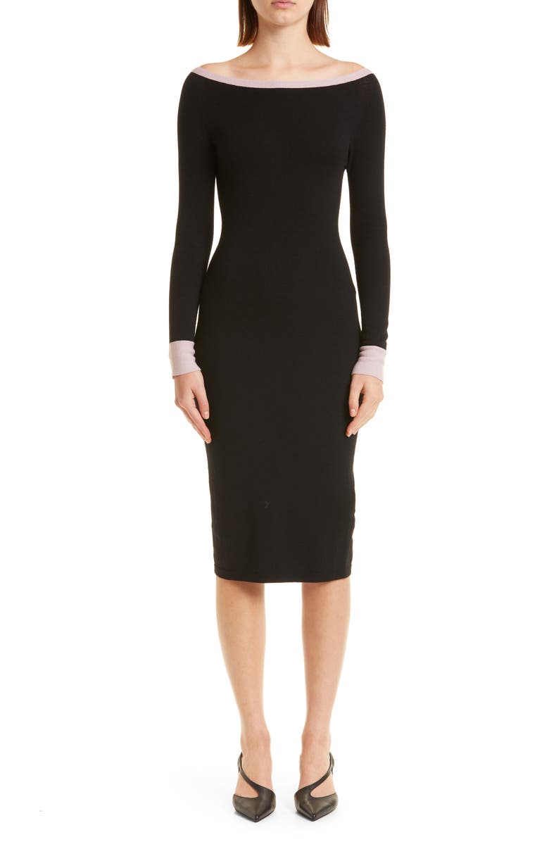 Emporio Armani Off the Shoulder Contrast Trim Coton Sheath Dress, Main, color, Solid Black